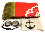LOT OF 3: JAPANESE WWII PILOT GOGGLES, HEADBAND, AND BANNER.