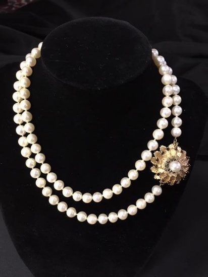 Pearl Necklace with 14k gold, Ruby and Diamond Clasp