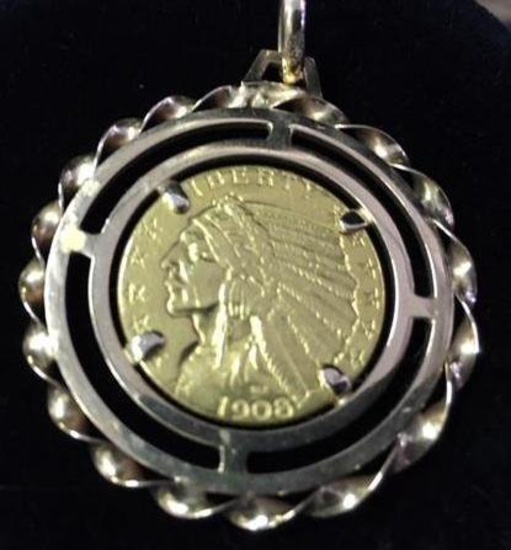 1908 Five Dollar Indian Head Gold Coin Pendant