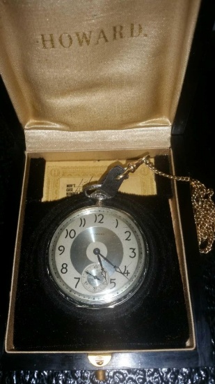 Howard Pocket Watch, open face with Simmons chain, in original case, 17 jewel