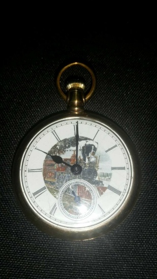 Elgin National Watch Co pocket watch with unique steam engine dial
