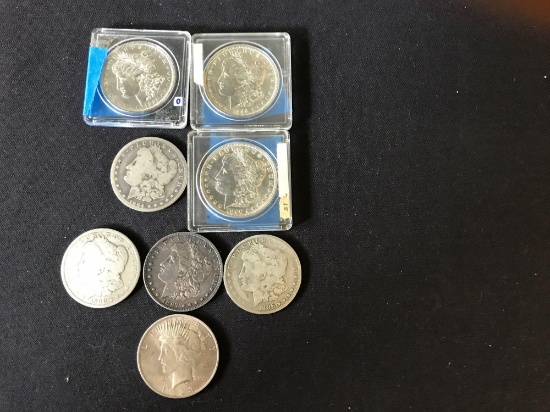 7-Morgan Silver Dollars and 1 1923 Peace Dollar Various Dates and Circulated Grades