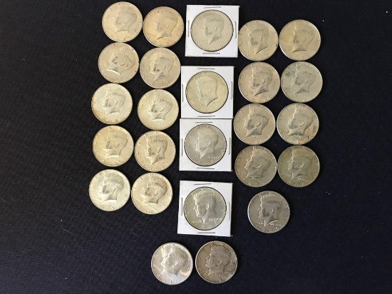 23 Kenedy Half Dollars 40% Silver Clad and 2 1964 Silver Kennedy Half Dollars