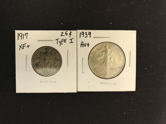 1917 Type I Standing Liberty Quarter and 1939 Walking Liberty Half Dollar