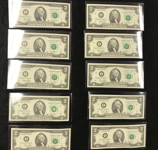 10 Series 2003 $2 Bills with Consecutive Serial Numbers