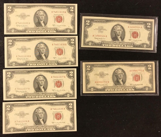 6 $2 Red Seal Bills
