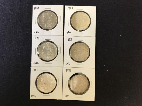 6 Morgan Dollars Grade Range AU - Uncirculated