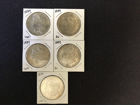 5 AU-Uncirculated Morgan Dollars