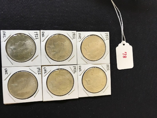6 Uncirculated 1922 Peace Dollars
