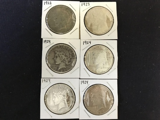 6 Peace Dollars in Various Circulated Grades