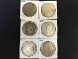 6 Peace Dollars in Various Circulated Grades