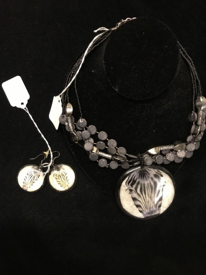 Black Beaded Zebra Necklace & Earring Set