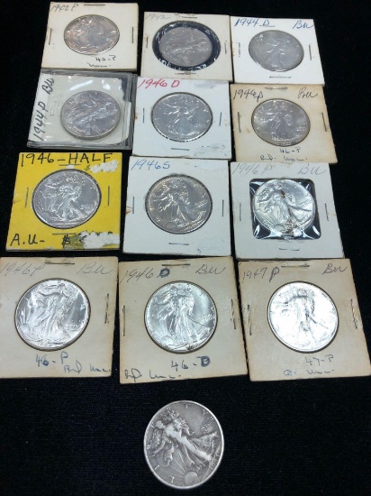 13 Walking Liberty Half Dollars