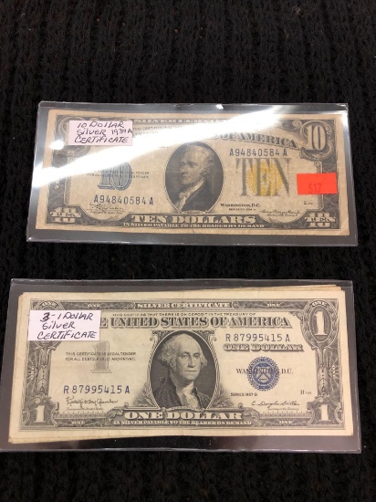 1 1934A Silver Certificate and 3 $1 Silver Certificates