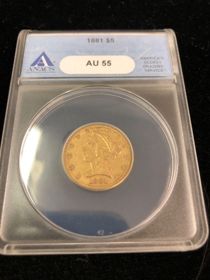 1881 $5 Coronet Head Half Eagle AU55