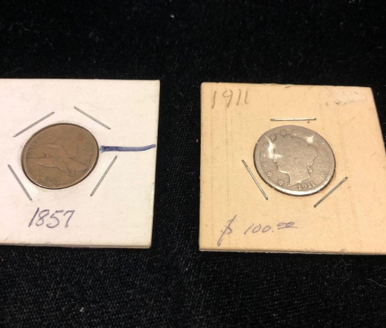 1911 V Nickel and 1857 one Cent Flying Eagle