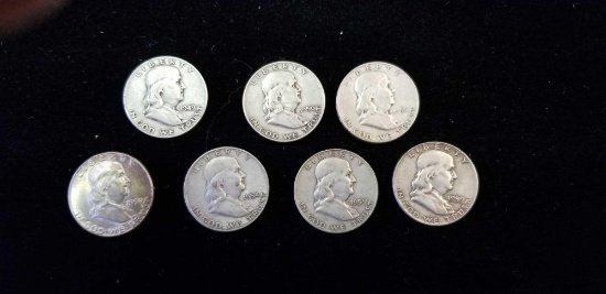 Lot of 7 Silver Franklin Half Dollars