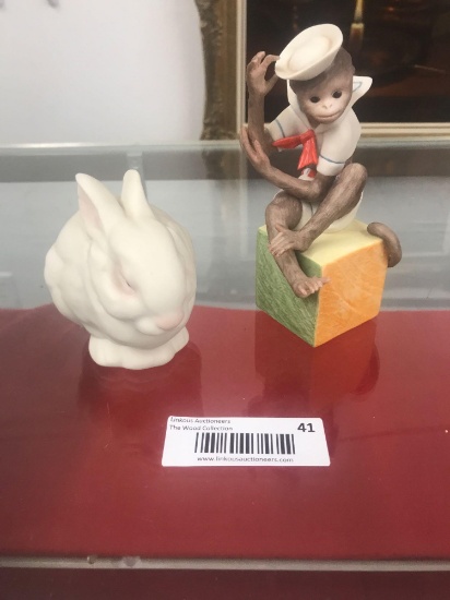 Bunny and monkey porcelain figures
