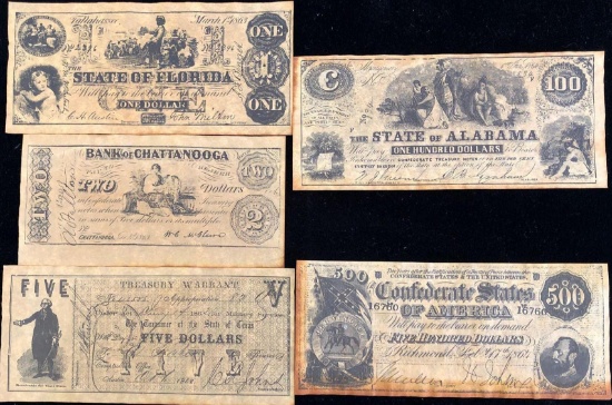 5 Confederate Treasury Notes *Replicas*