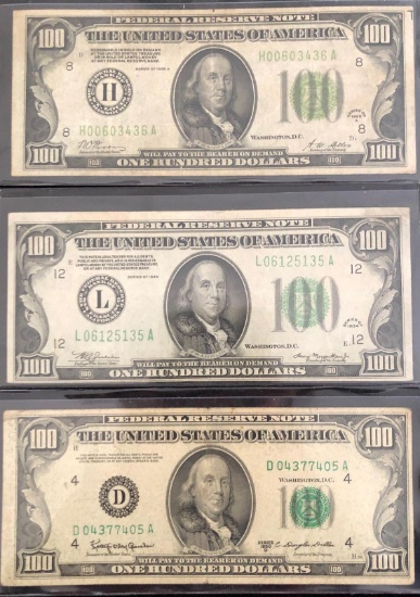 1 Lot of 3 $100 Federal Reserve Notes
