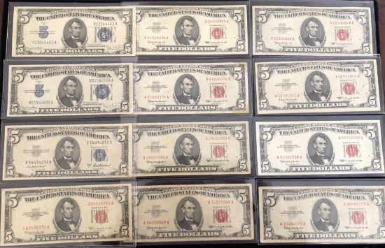 1 Lot of 12 $5 Silver Certificates and Red Seals