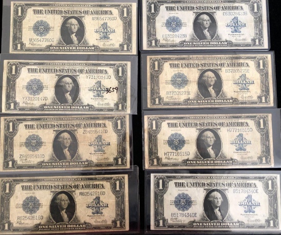 8 Large 1923 $1 Silver Certificates