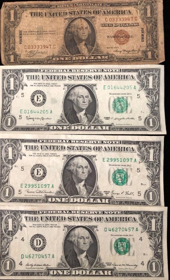 3 Federal Reserve Notes & 1 Silver Certificate