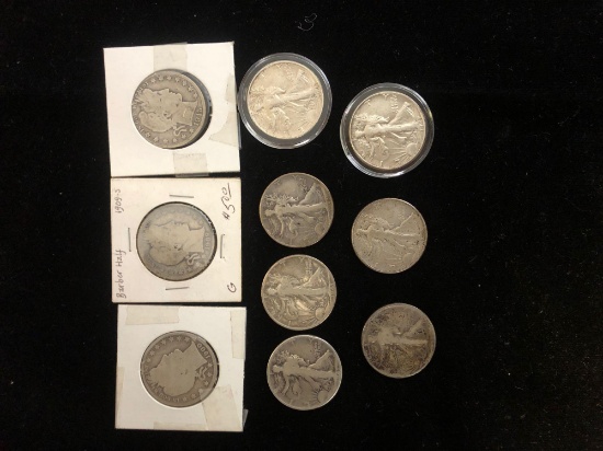 10 Assorted Half Dollars Barbers and Walking Liberties