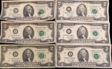 1 Lot of 6 $2 Circulated Condition
