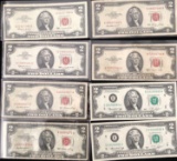 Lot of 8 $2 Bills - Red Seal & Federal Reserve Notes