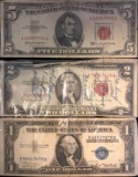 $5 Red Seal, $2 Red Seal, $1 Silver Certificate