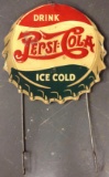 Vintage Metal Bottle Cap Type Pepsi Sign with Hanging Rack