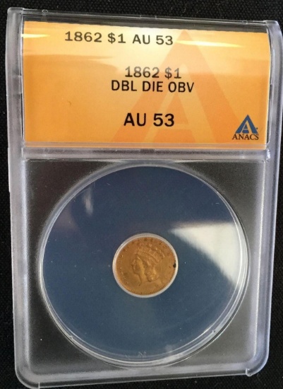 1862 $1 Double Die Obverse Gold Coin