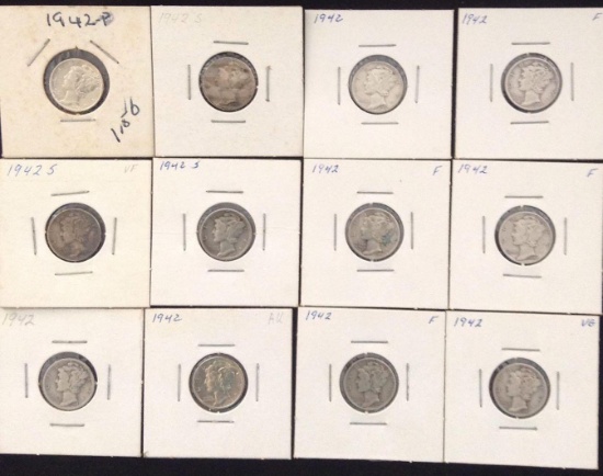 1 Lot of 12 Mercury Dimes