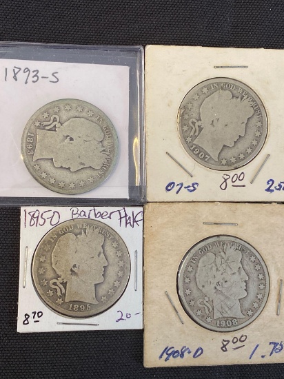 1 Lot of 4 Barber Half Dollars