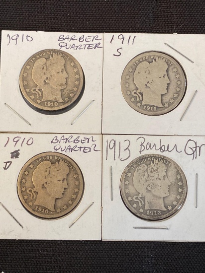 1 Lot of 4 Barber Quarters