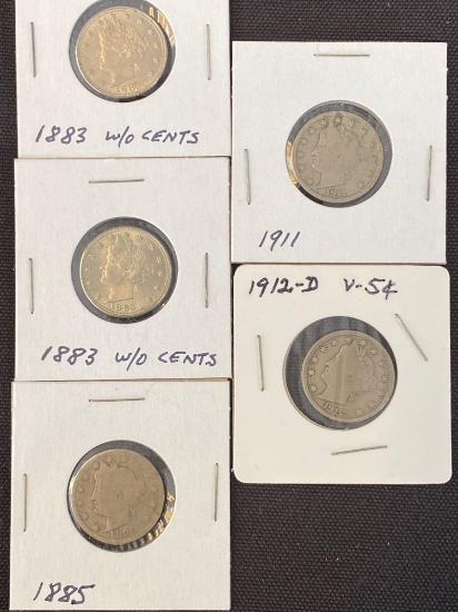 1 Lot of 5 Barber Nickels