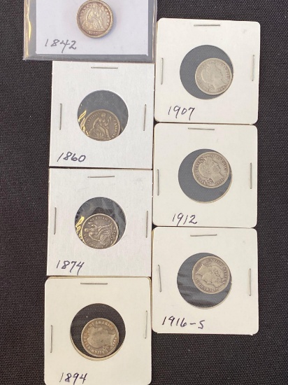 1 Lot of Mixed Seated Liberty and Barber Dimes