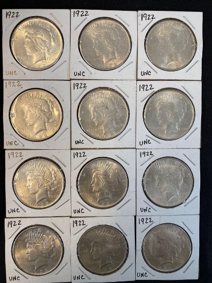 1 Lot of 12 1922 Peace Dollars