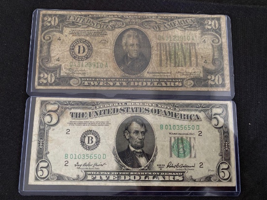1-$20 and 1-$5 Bills