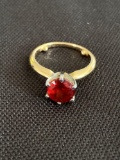 Ladies 14K Yellow Gold Ring with Red Solitaire Stone with Platinum Prongs