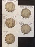 1 Lot of 5 Barber Quarters