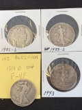 1 lot of 3 Walking Liberty and 1 Barber Half Dollars