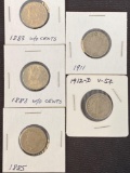 1 Lot of 5 Barber Nickels