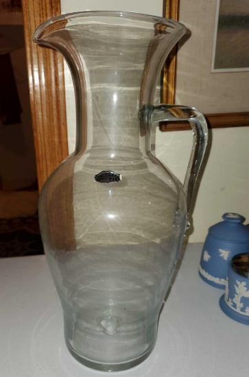 Large Clear Blenko Pitcher, Hand Blown, Original Tag, Beautiful Condition
