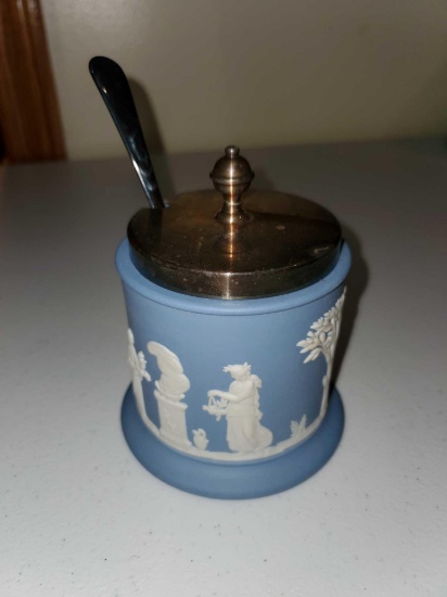 Wedgwood Jasper ware Jam/Mustard Jar, Silver Plated