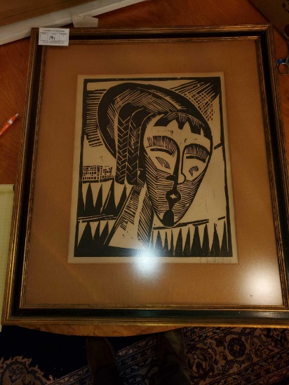 African Art Block Print, Signature Illegible, Framed and Matted Under Glass