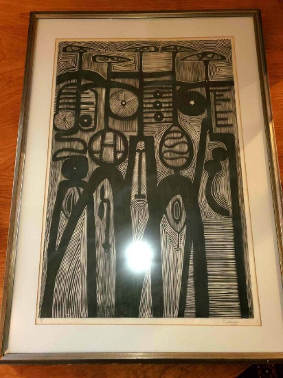 Costello African Art Print, 6/10, Signed Costello '72, Matted and Framed