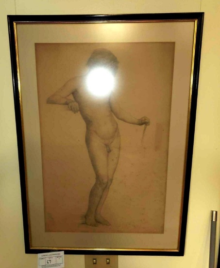 A.F. W. Ganz Nude Male Pencil Drawing, Dated Feb. 14, 1982, Matted and Framed Under Glass