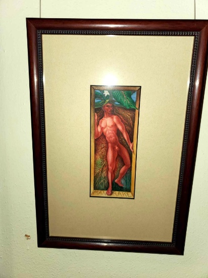 "Mandrake" Male Nude Picture, Matted and Framed Under Glass, Appears to be Pencil